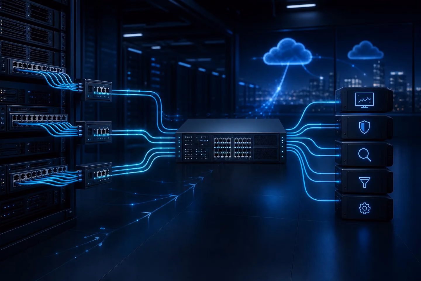 Hạ tầng mạng vật lý và cloud kết nối tới lớp thu thập, điều phối lưu lượng cho công cụ giám sát
