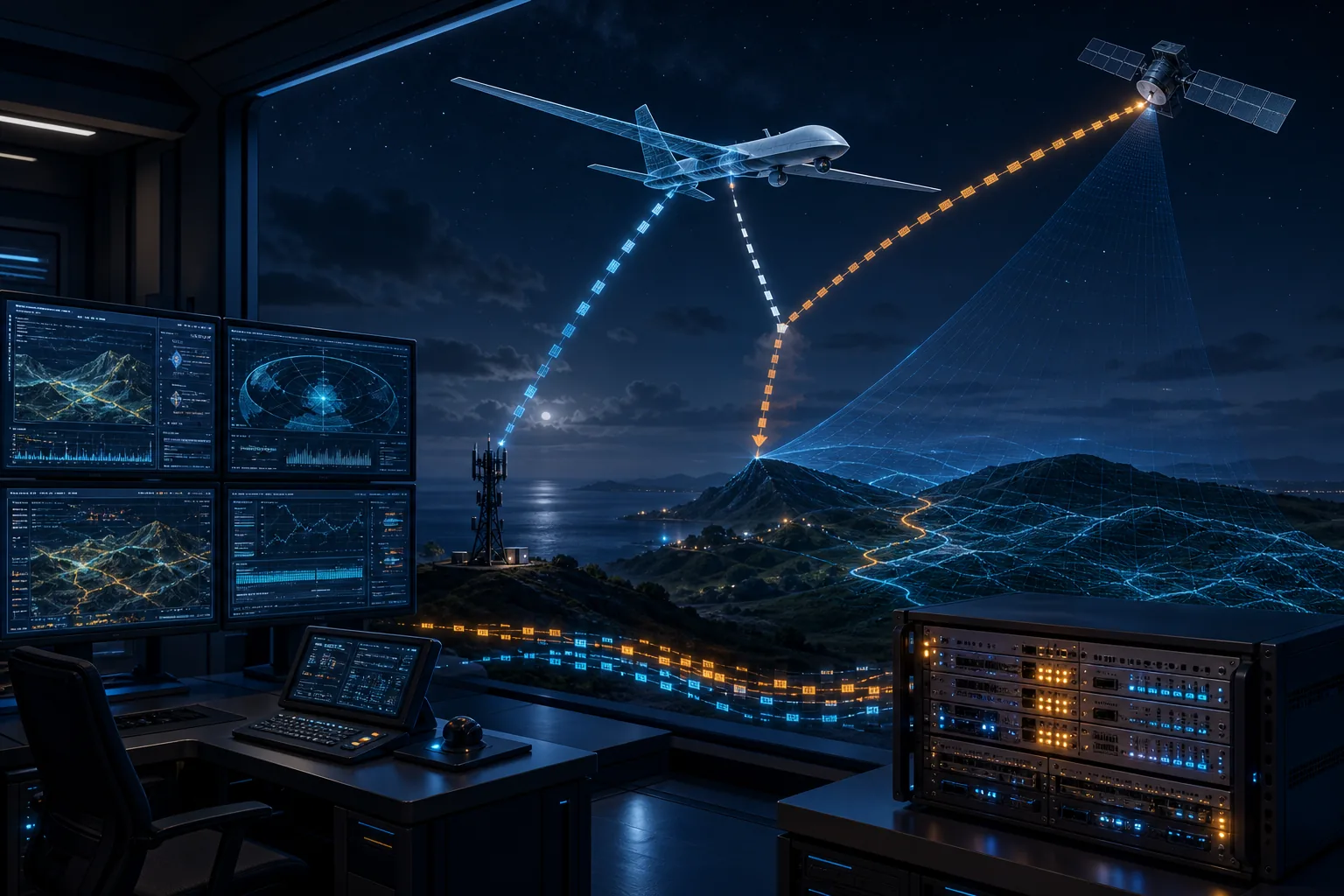 UAV chuyển giữa các đường radio và vệ tinh qua bộ mô phỏng điều kiện mạng