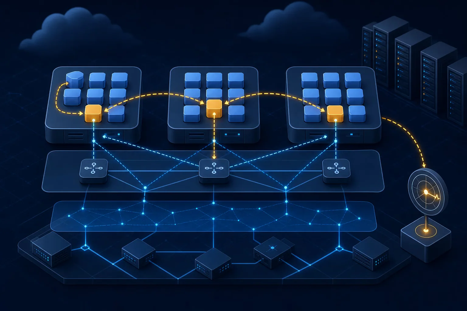 Ba worker node Kubernetes với các đường đi same-node, cross-node và qua lớp service