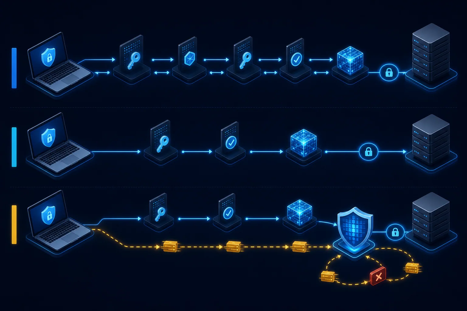 So sánh trình tự full handshake, session resumption và 0-RTT cùng vị trí kiểm tra replay.