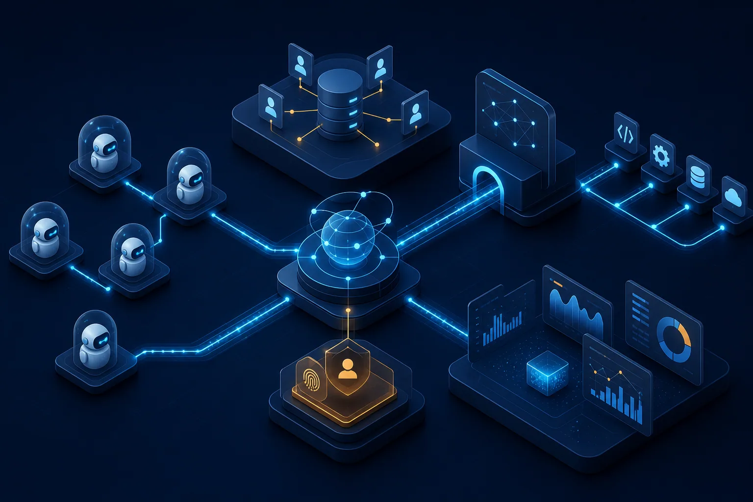 Nhiều AI agent trao đổi qua registry, gateway và policy enforcement với telemetry