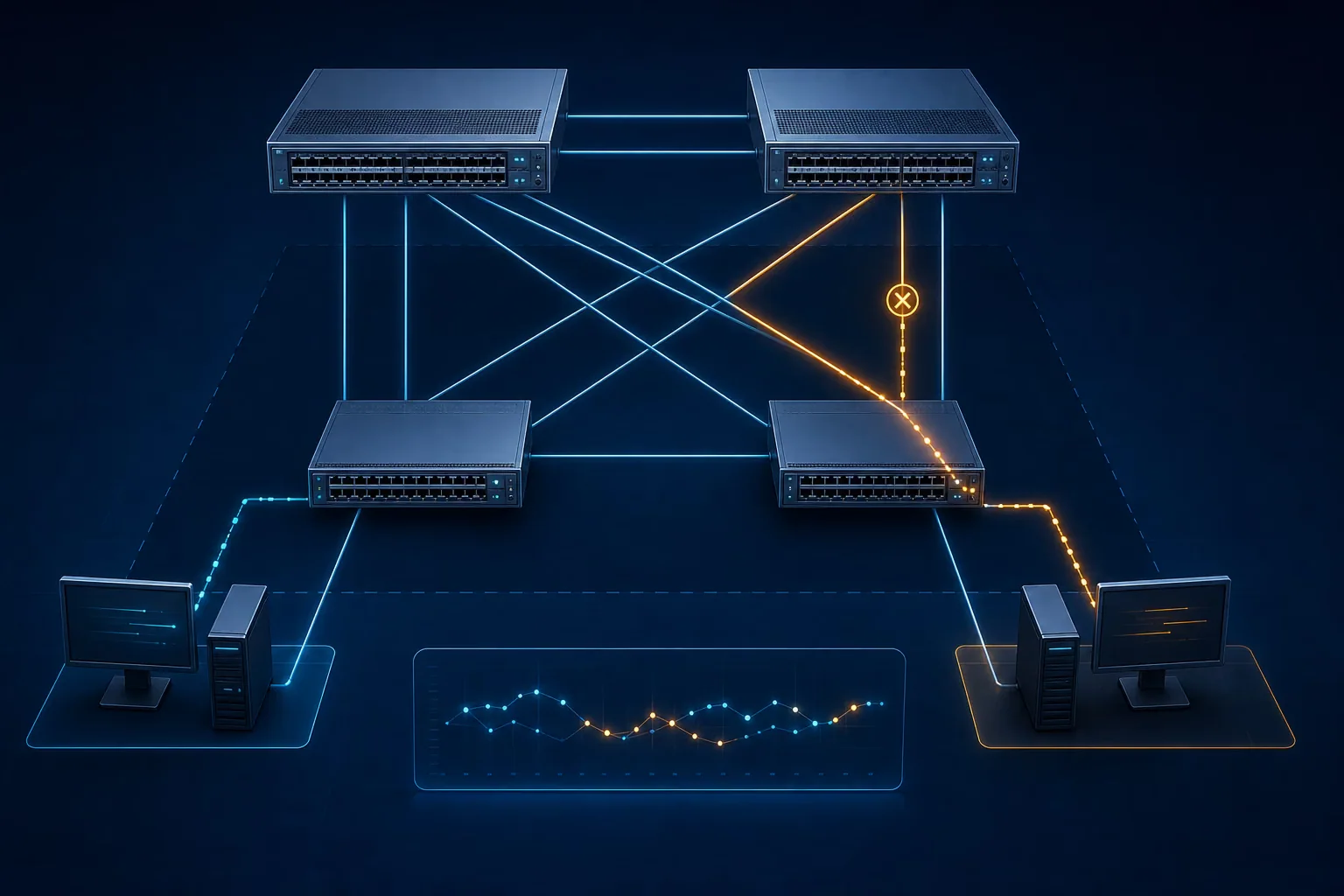 Topology EVPN-VXLAN hai spine hai leaf với hai đầu phát tải và đường failover được làm nổi bật