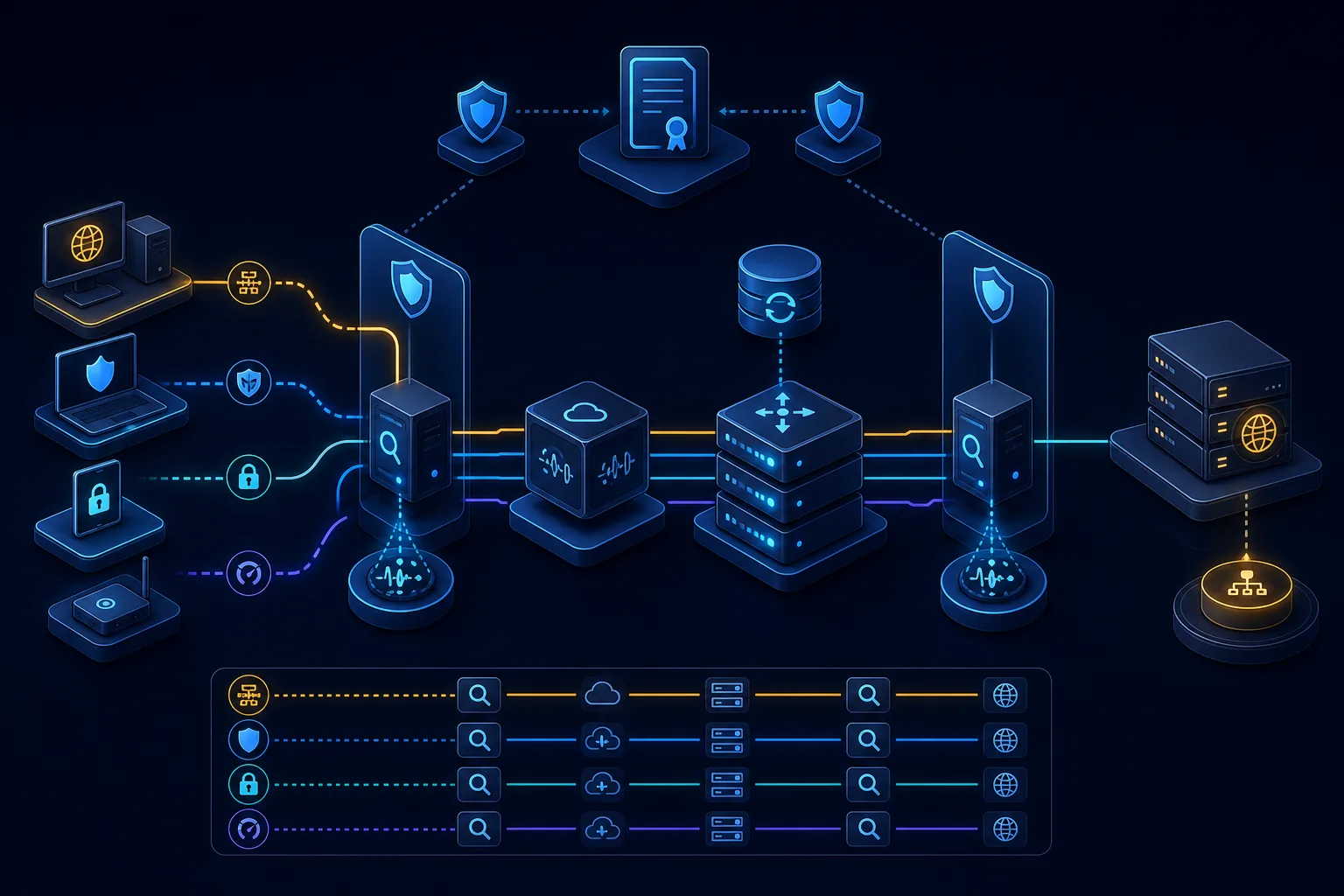 Topology kiểm thử DNS mã hóa với điểm impairment và capture.
