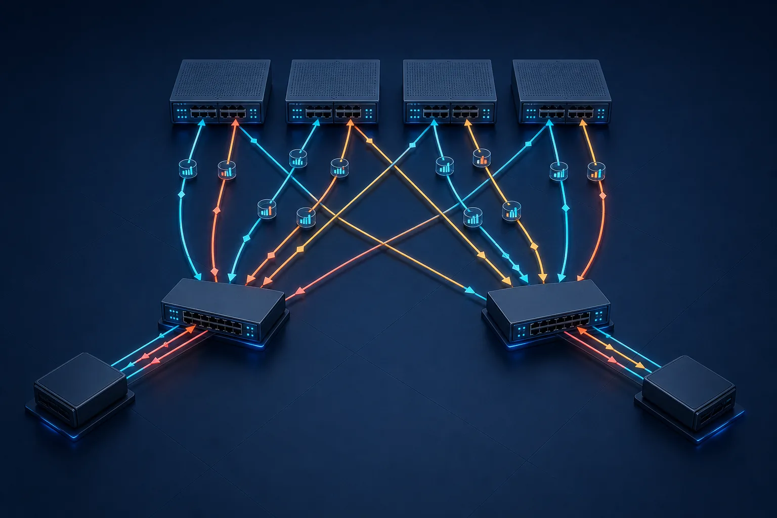 Topology kiểm thử ECMP bốn đường với điểm đo trên từng member link
