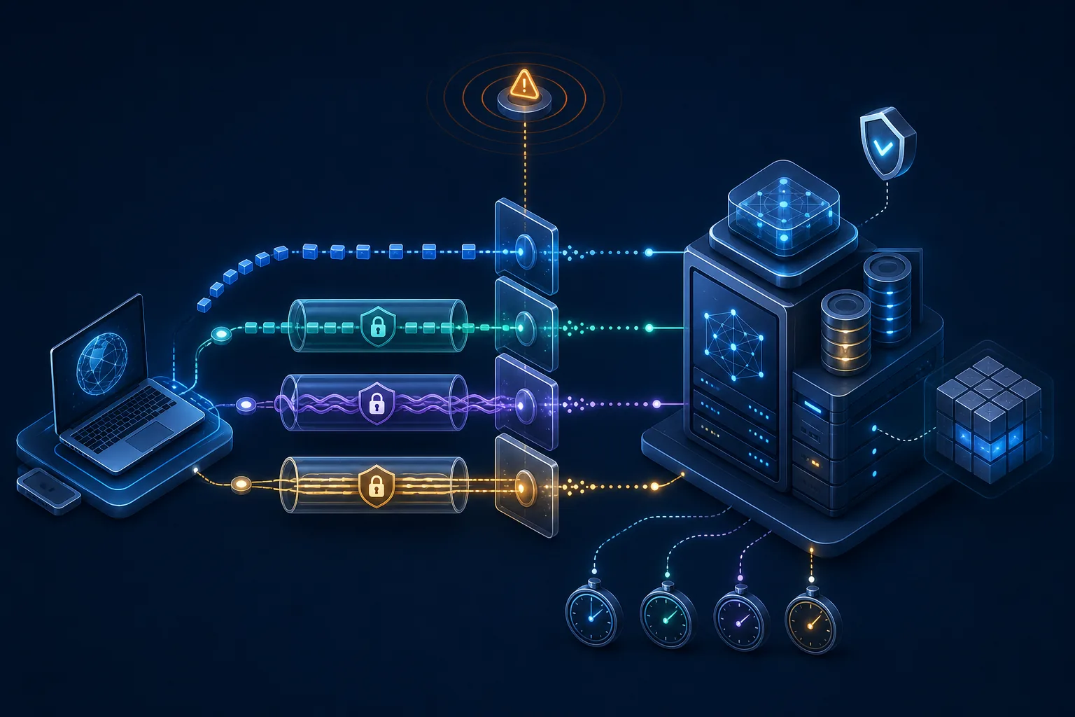 Client gửi truy vấn DNS qua UDP, TLS, HTTPS và QUIC tới resolver