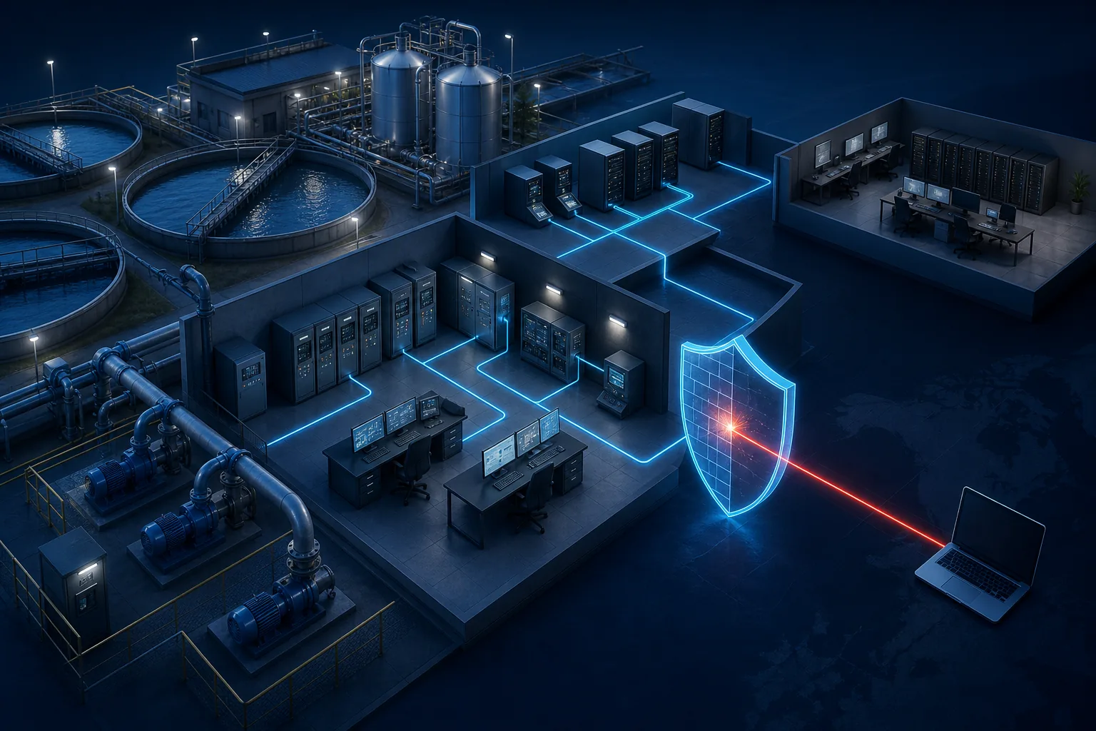 Mạng OT ngành nước gồm PLC HMI engineering workstation và vùng IT được phân đoạn qua firewall