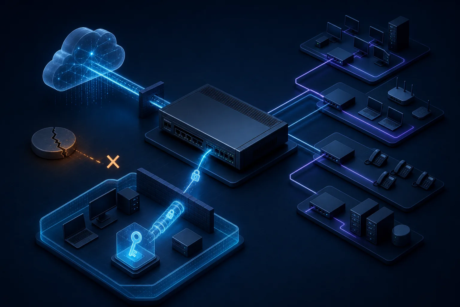 Router MikroTik nằm giữa Internet và các VLAN nội bộ với management plane được tách riêng