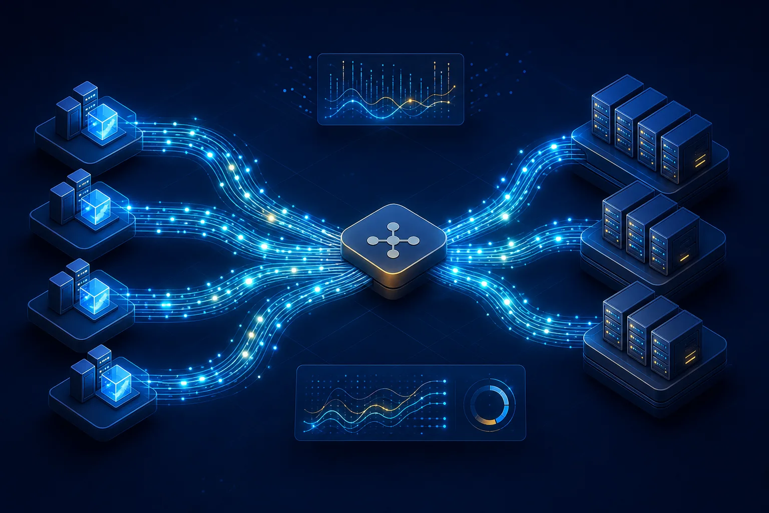 Client tạo nhiều RPC qua các kết nối HTTP/2 tới load balancer và cụm gRPC backend
