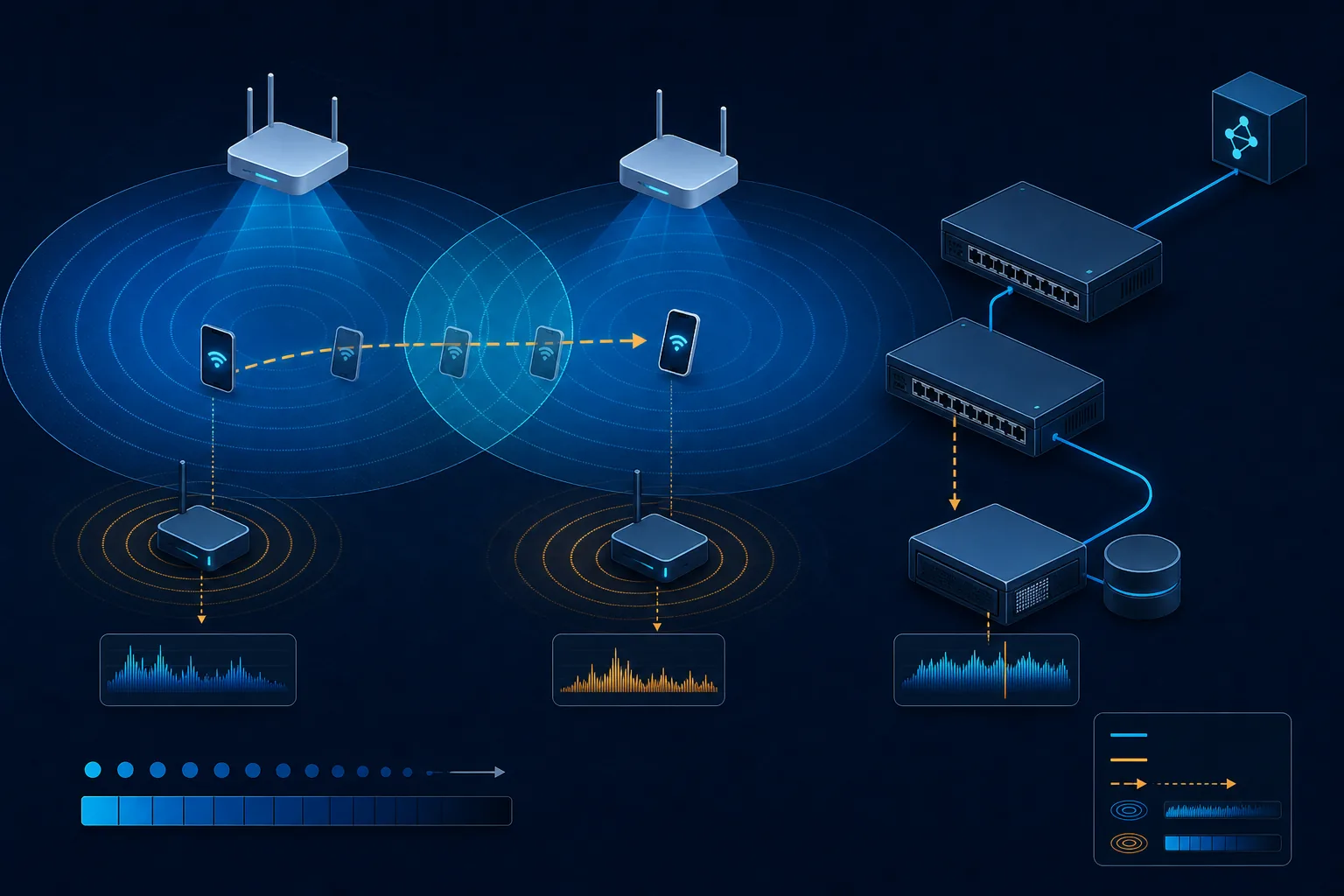 Topology roaming Wi-Fi với vùng RF overlap và điểm đo hai phía.