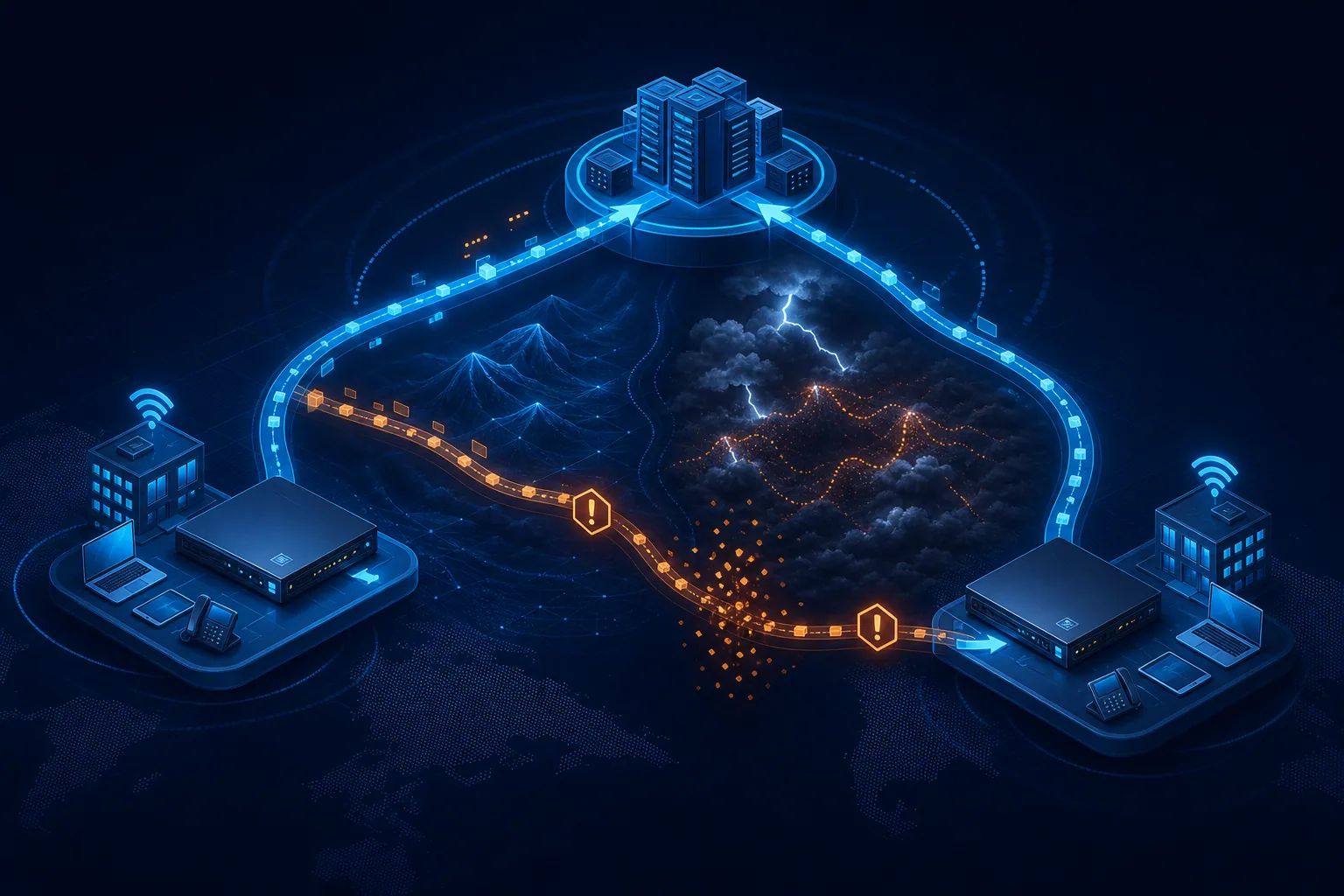 Topology SD-WAN hai underlay với bộ mô phỏng latency jitter packet loss và điểm đo ứng dụng