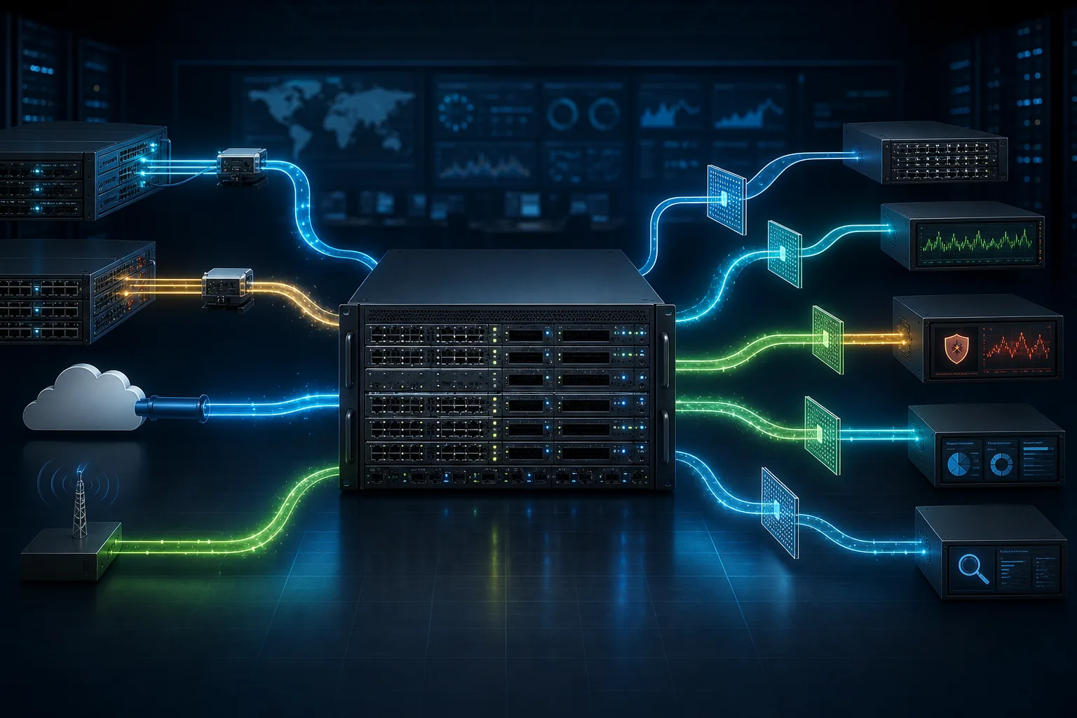 Keysight Vision Network Packet Broker nhận traffic từ TAP và SPAN, sau đó lọc, tổng hợp và phân phối tới các công cụ giám sát