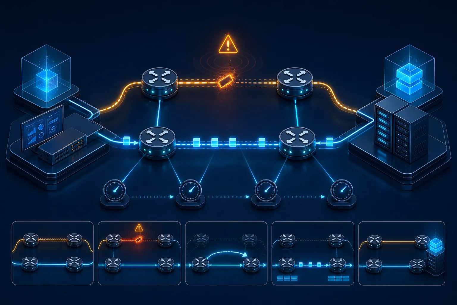 Topology hai đường mạng với phiên BFD, routing protocol, FIB và traffic generator