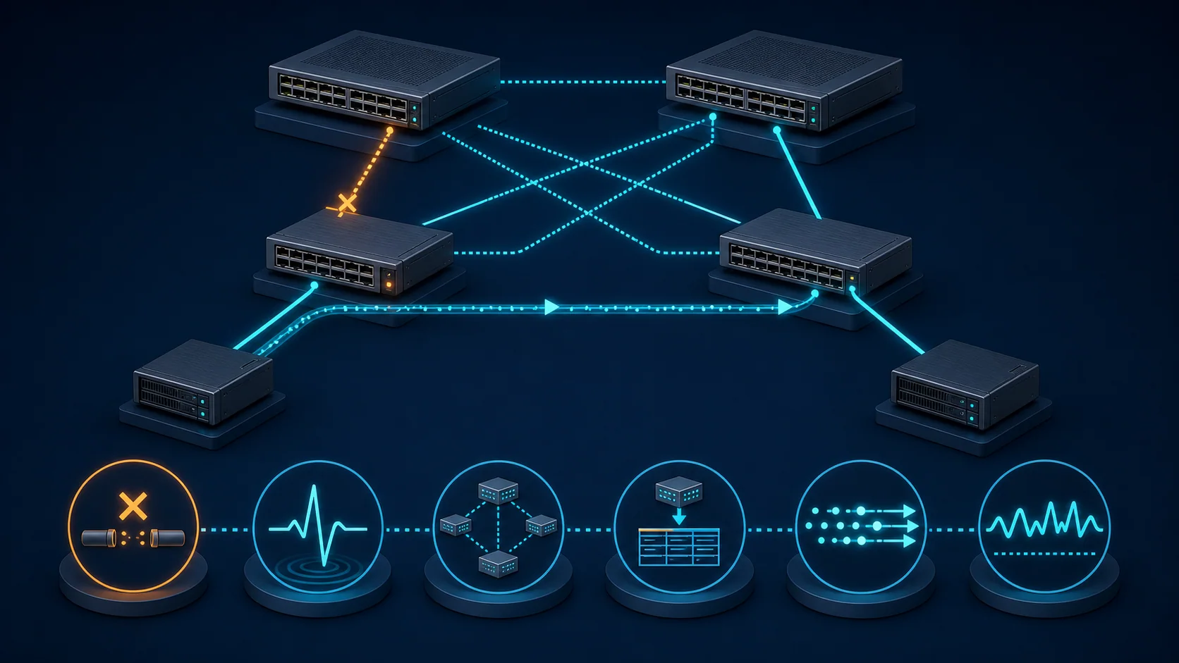 Timeline từ sự kiện lỗi, phát hiện, cập nhật route và FIB đến khi lưu lượng EVPN-VXLAN ổn định trở lại.