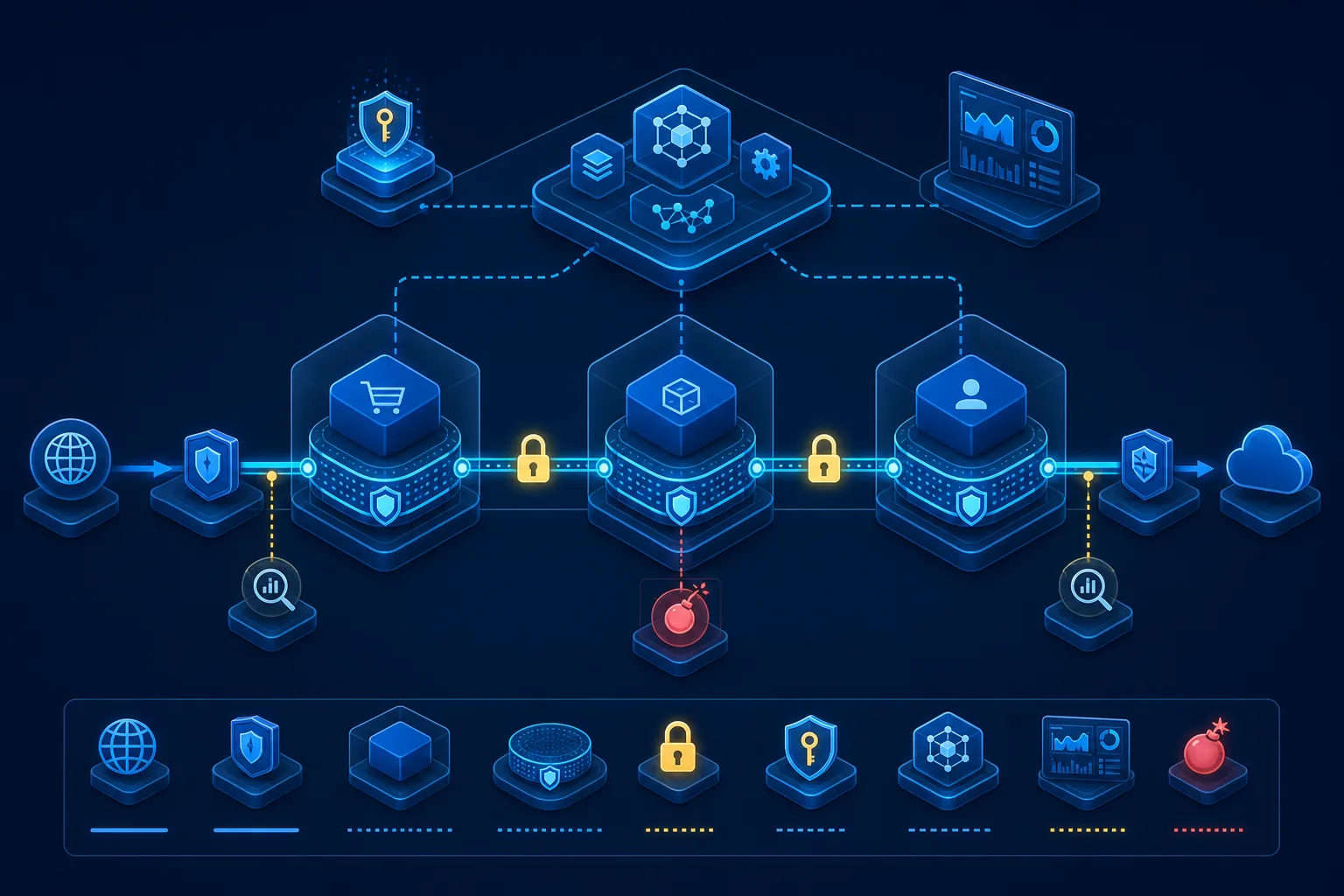 Topology service mesh với workload identity, mTLS và điểm fault injection.