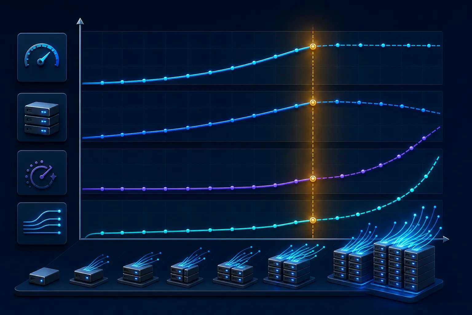 Quan hệ giữa tải yêu cầu, tải hoàn tất, tail latency và concurrent streams của dịch vụ gRPC.
