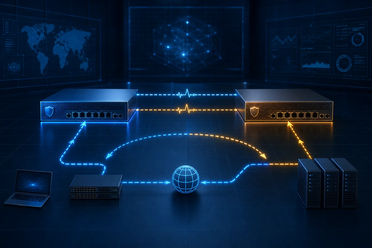Cặp firewall HA đồng bộ trạng thái giữa hai node và chuyển lưu lượng sang node dự phòng