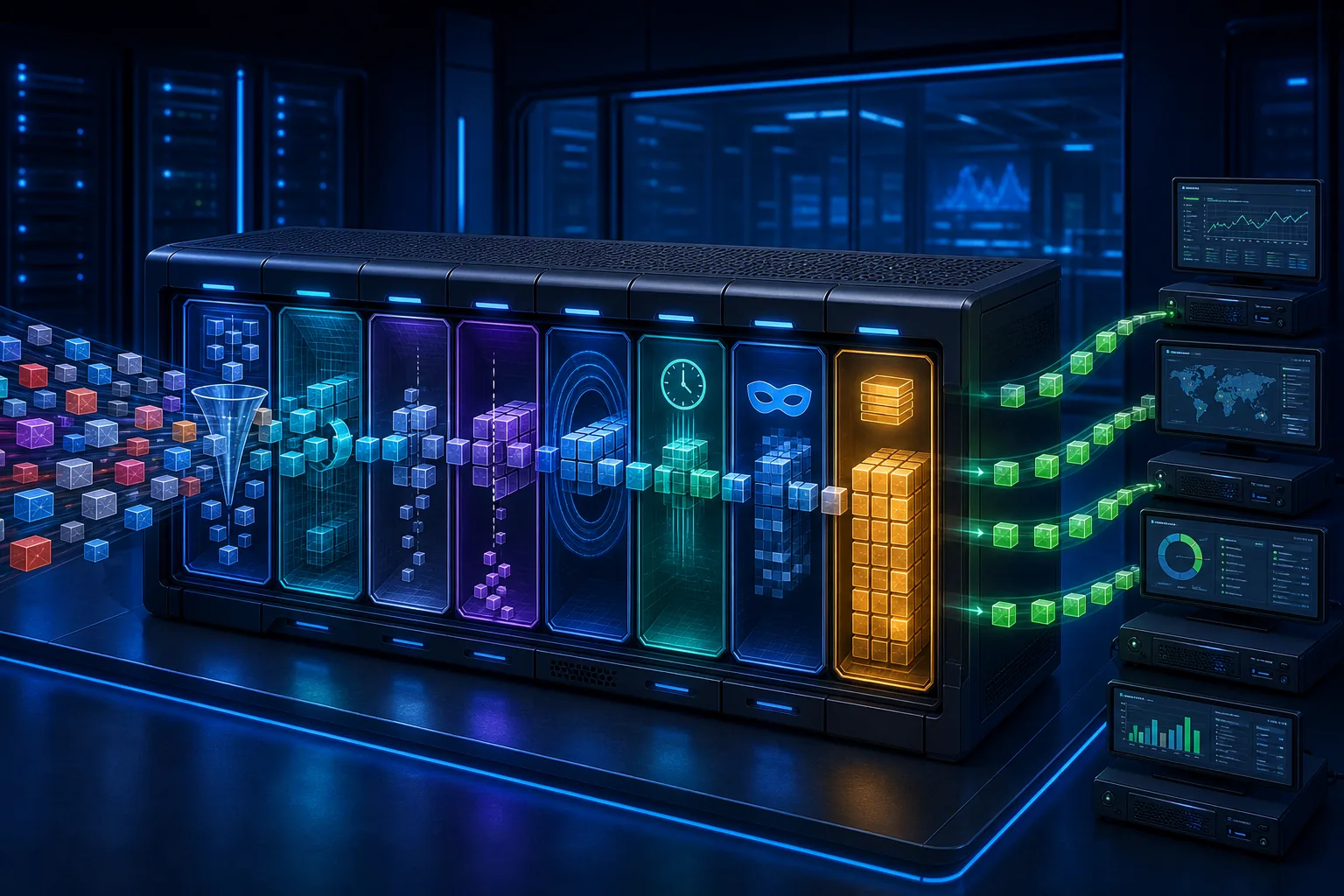 Pipeline xử lý packet từ lọc và deduplication tới phân phối cân bằng.
