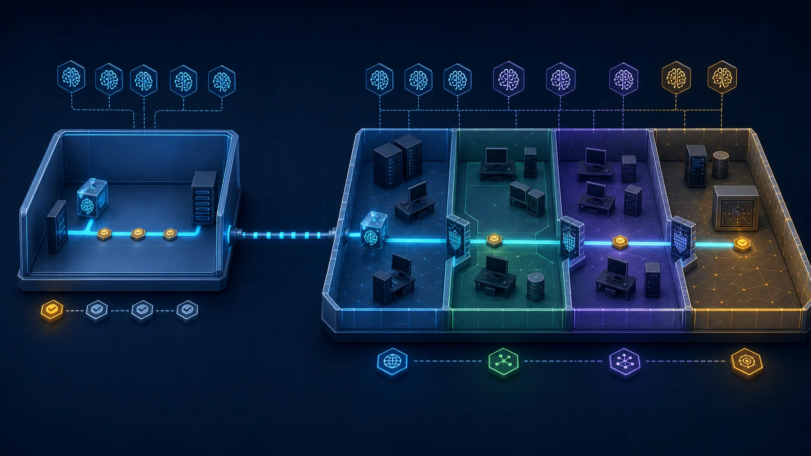 Benchmark tác vụ đơn và cyber range nhiều bước đo hai lớp năng lực khác nhau của AI agent.