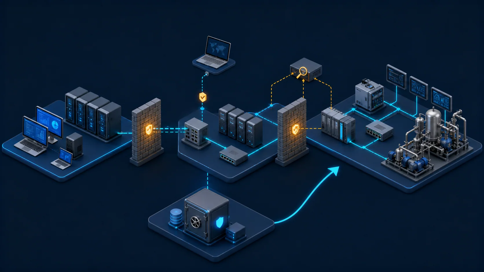 Engineering access đi qua vùng kiểm soát; giám sát thụ động và backup sạch hỗ trợ phát hiện và phục hồi OT.