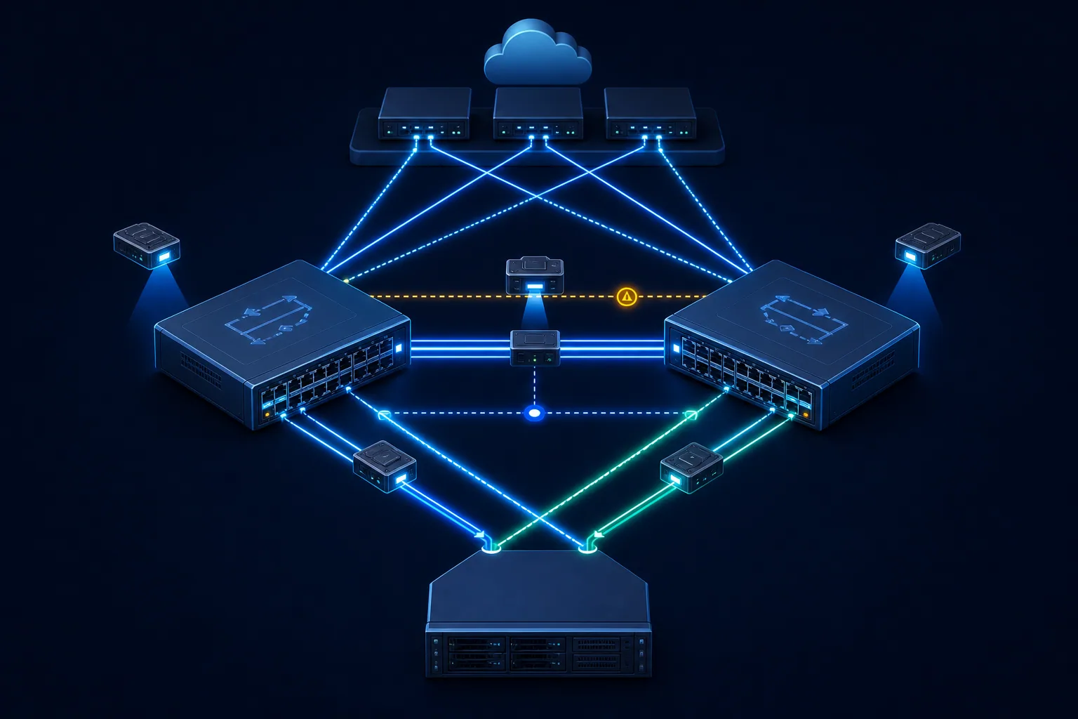 Topology MLAG gồm peer-link, keepalive, host dual-homed và các capture point cần thiết.