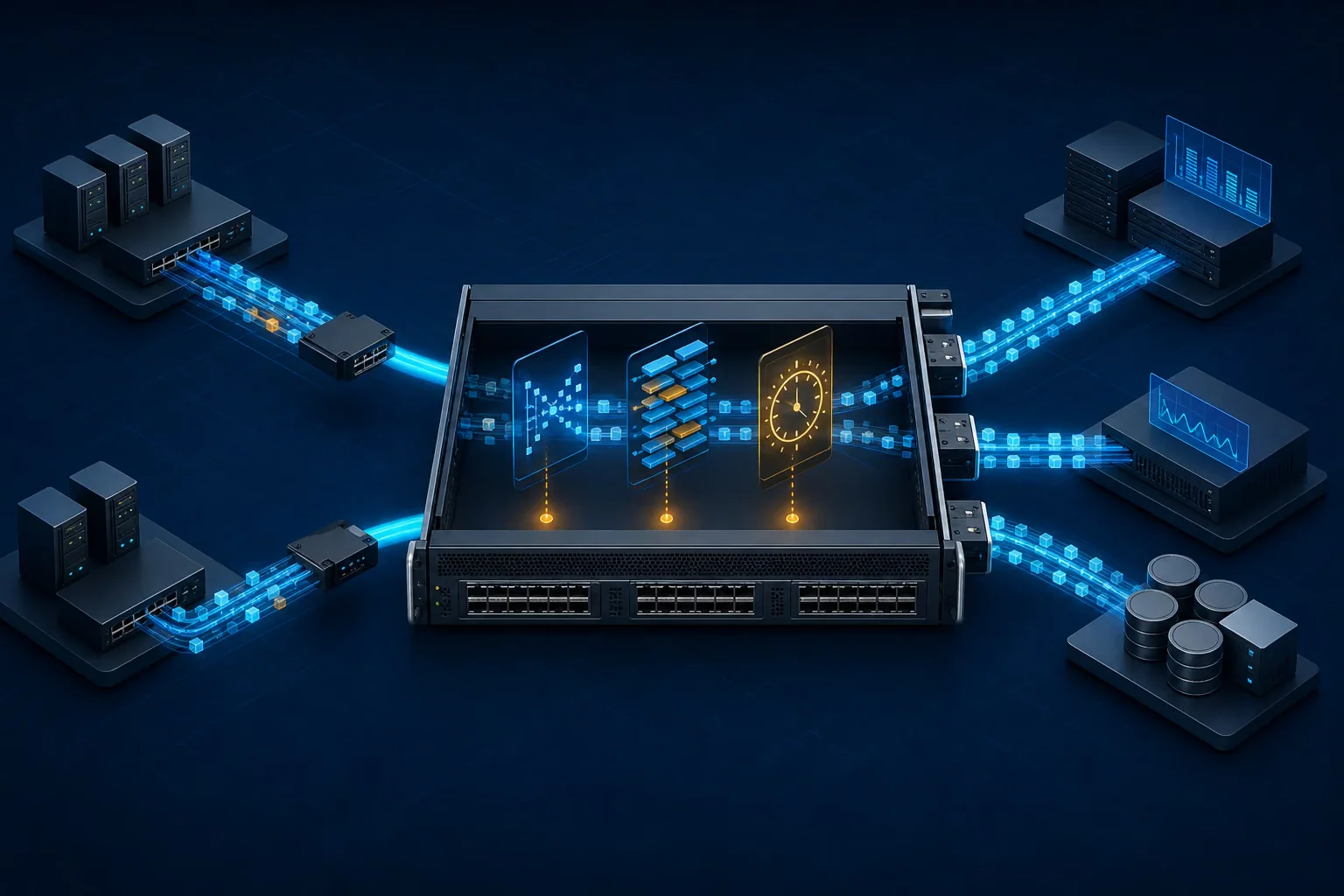 Network Packet Broker nhận nhiều nguồn packet, kiểm tra filter, deduplication và timestamp rồi phân phối đến các công cụ