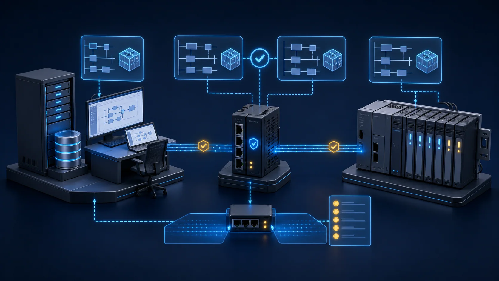 Chuỗi bằng chứng đối chiếu project baseline, reusable logic module, engineering access và PLC đang vận hành.