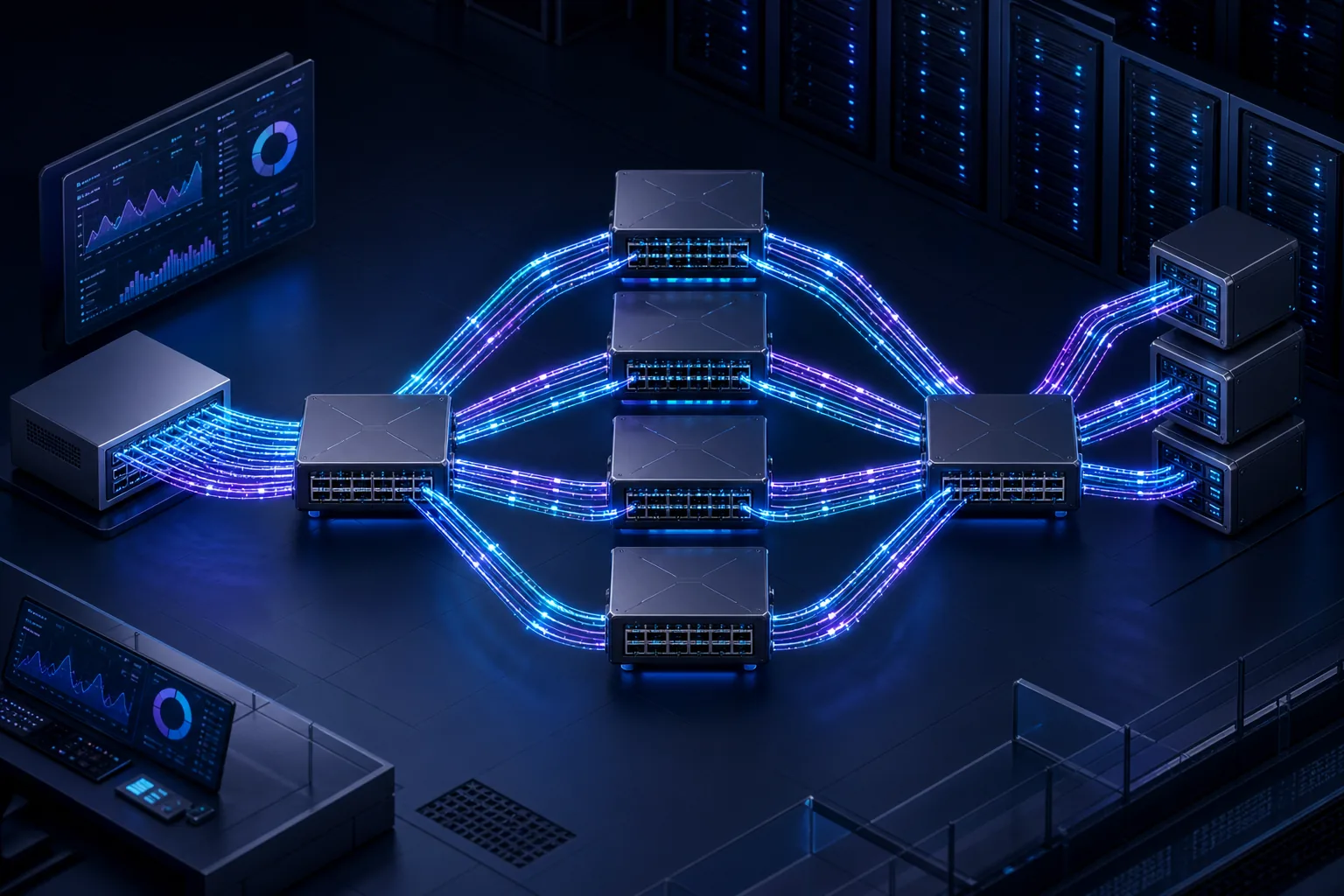Nhiều luồng IP được bộ định tuyến phân phối qua bốn đường ECMP tới máy chủ đích