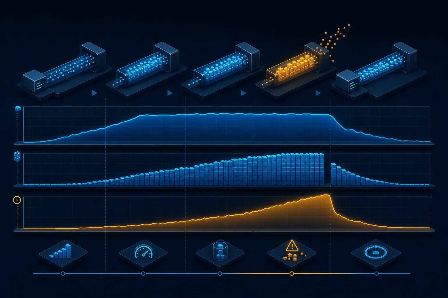 Bufferbloat thể hiện qua độ sâu hàng đợi và latency dưới tải.