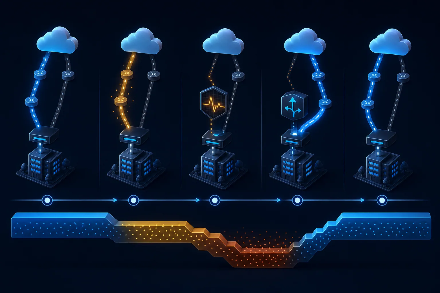 Timeline từ impairment, SLA probe breach và quyết định chuyển đường đến khi ứng dụng ổn định.