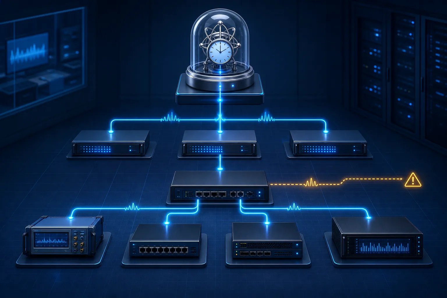 Nguồn thời gian phân phối NTP và PTP tới traffic generator, DUT, packet capture và hệ thống log trong phòng lab