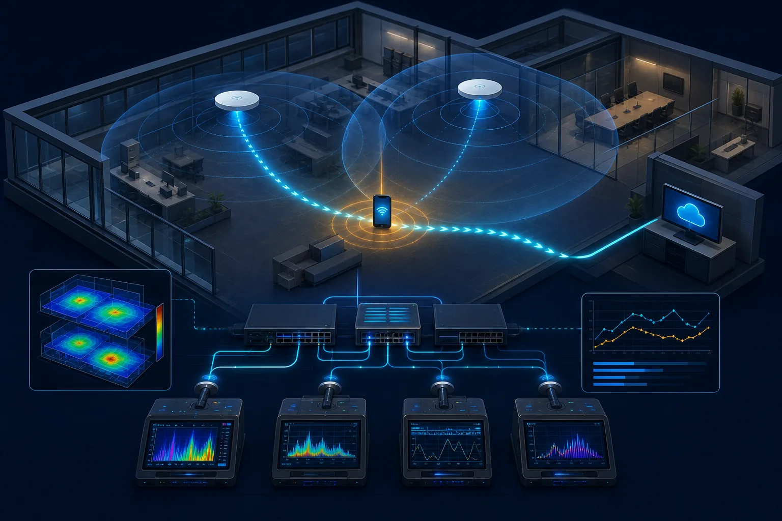 Hai điểm truy cập Wi-Fi với client di chuyển, RF overlap và điểm capture