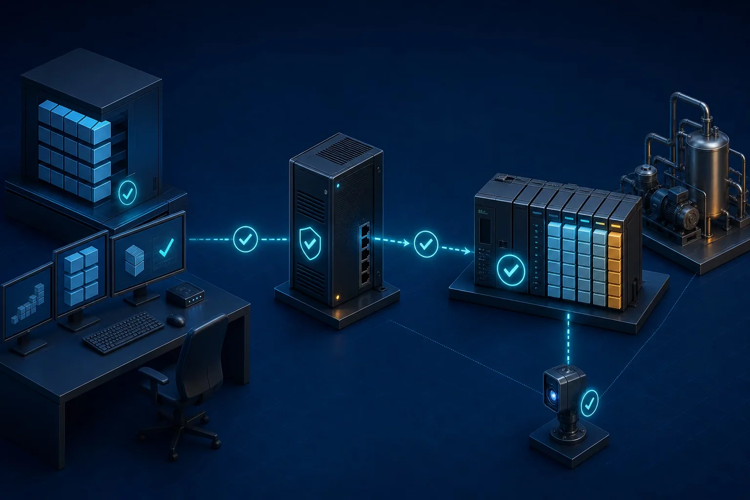 Chuỗi kiểm chứng logic PLC từ engineering workstation qua cổng bảo mật tới bộ điều khiển và hệ thống giám sát