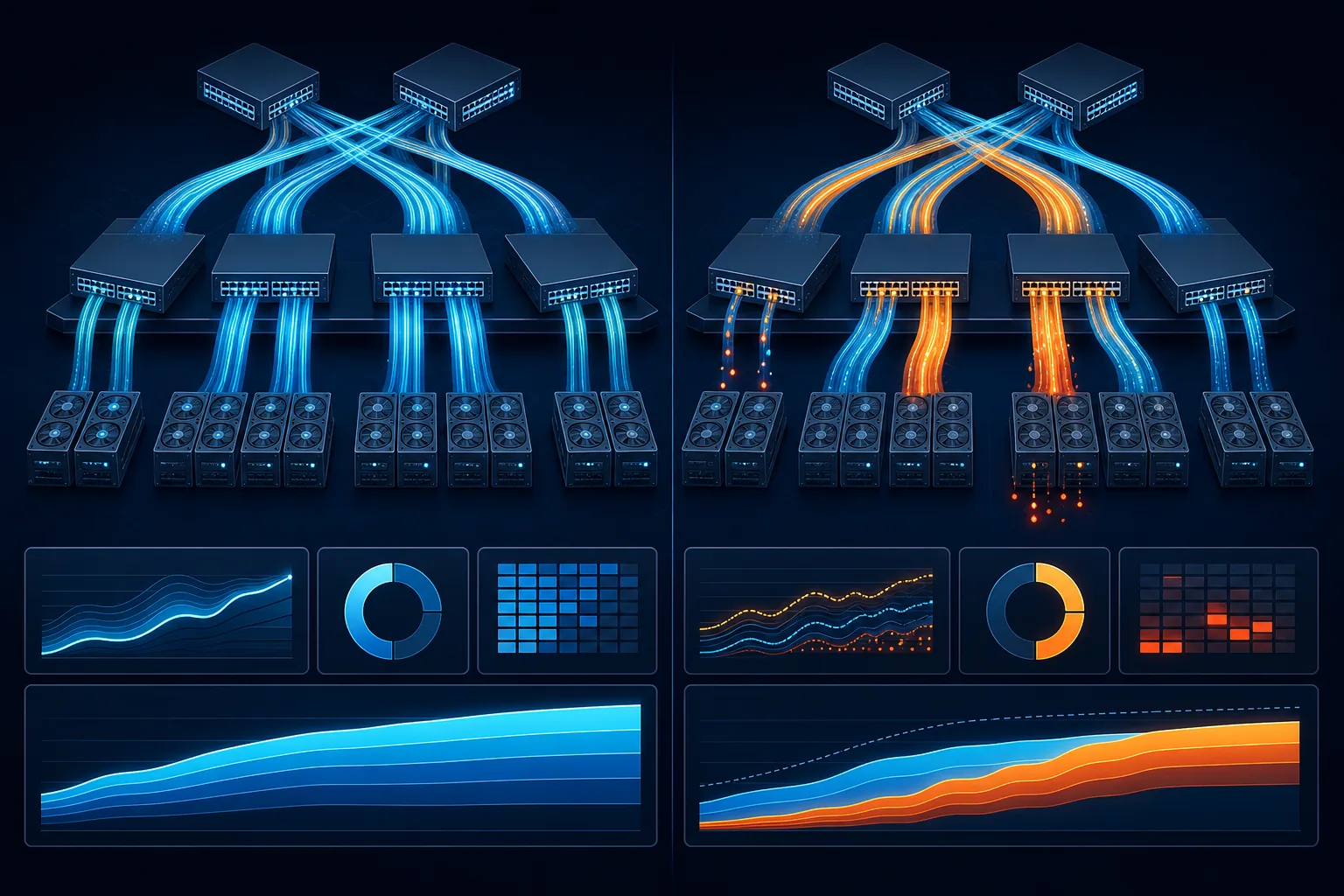 So sánh AI fabric cân bằng và nghẽn dưới cùng workload, topology và offered load.