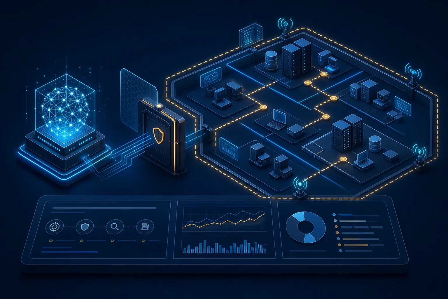 AI agent đi qua cổng kiểm soát vào cyber range nhiều subnet có telemetry phòng thủ