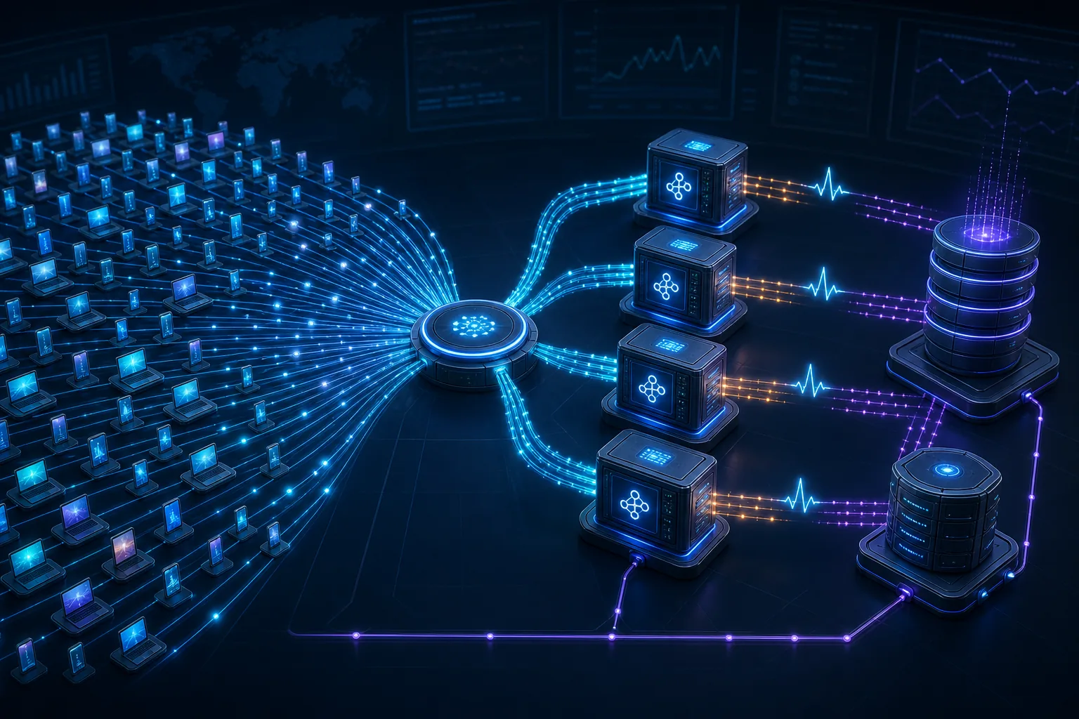 Hàng nghìn WebSocket client kết nối qua load balancer tới cụm ứng dụng và message backend