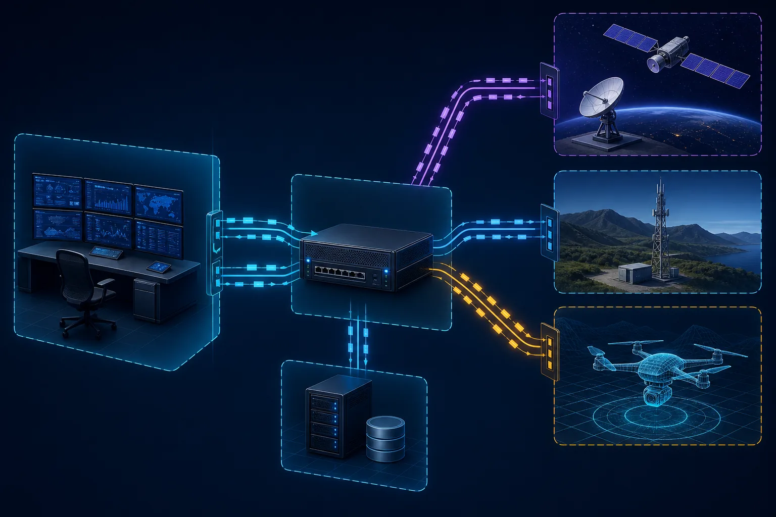 Topology lab tách ground station, emulator, các đường liên kết và UAV digital twin.