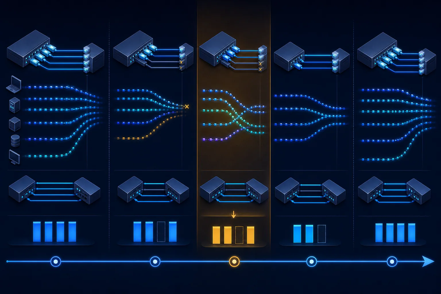 Timeline member failure, thay đổi trạng thái LACP, flow remap, capacity còn lại và phục hồi.