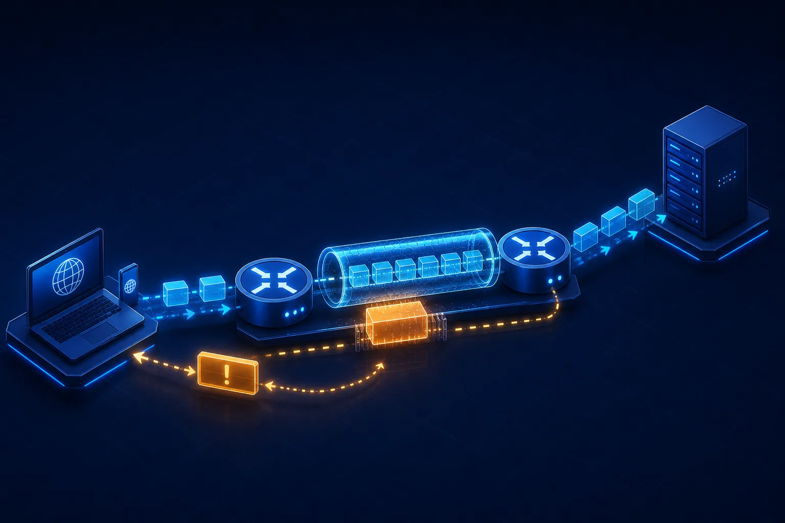 Gói IPv6 đi qua nhiều liên kết và tunnel có MTU khác nhau, với ICMPv6 Packet Too Big quay về nguồn