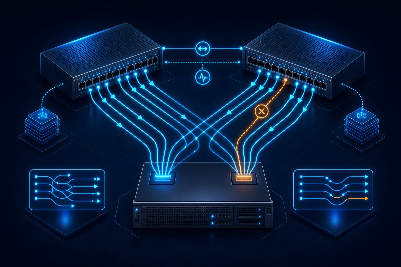 Topology kiểm thử LACP và MLAG với hai switch, peer link và nhiều luồng hai chiều