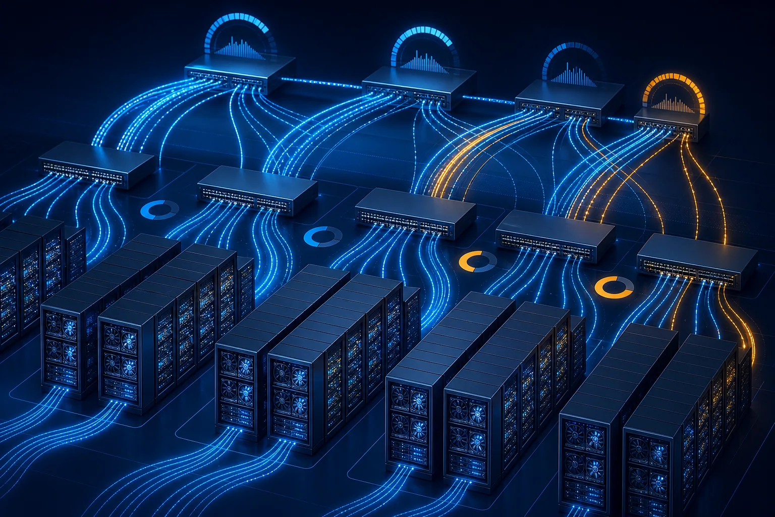 AI data-center fabric với GPU, leaf spine và ba lớp metric data routing port utilization