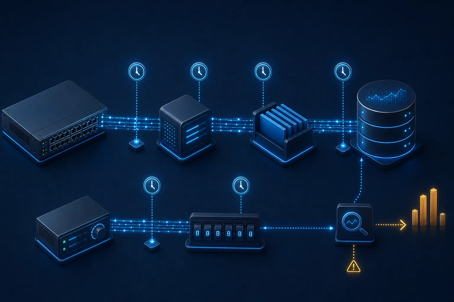 Pipeline DUT, gNMI collector, queue, time-series database và nhánh counter tham chiếu.