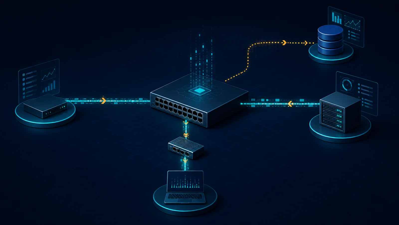 Nhiều switch xuất sFlow sample và counter tới collector, đối chiếu với traffic generator và packet capture tham chiếu