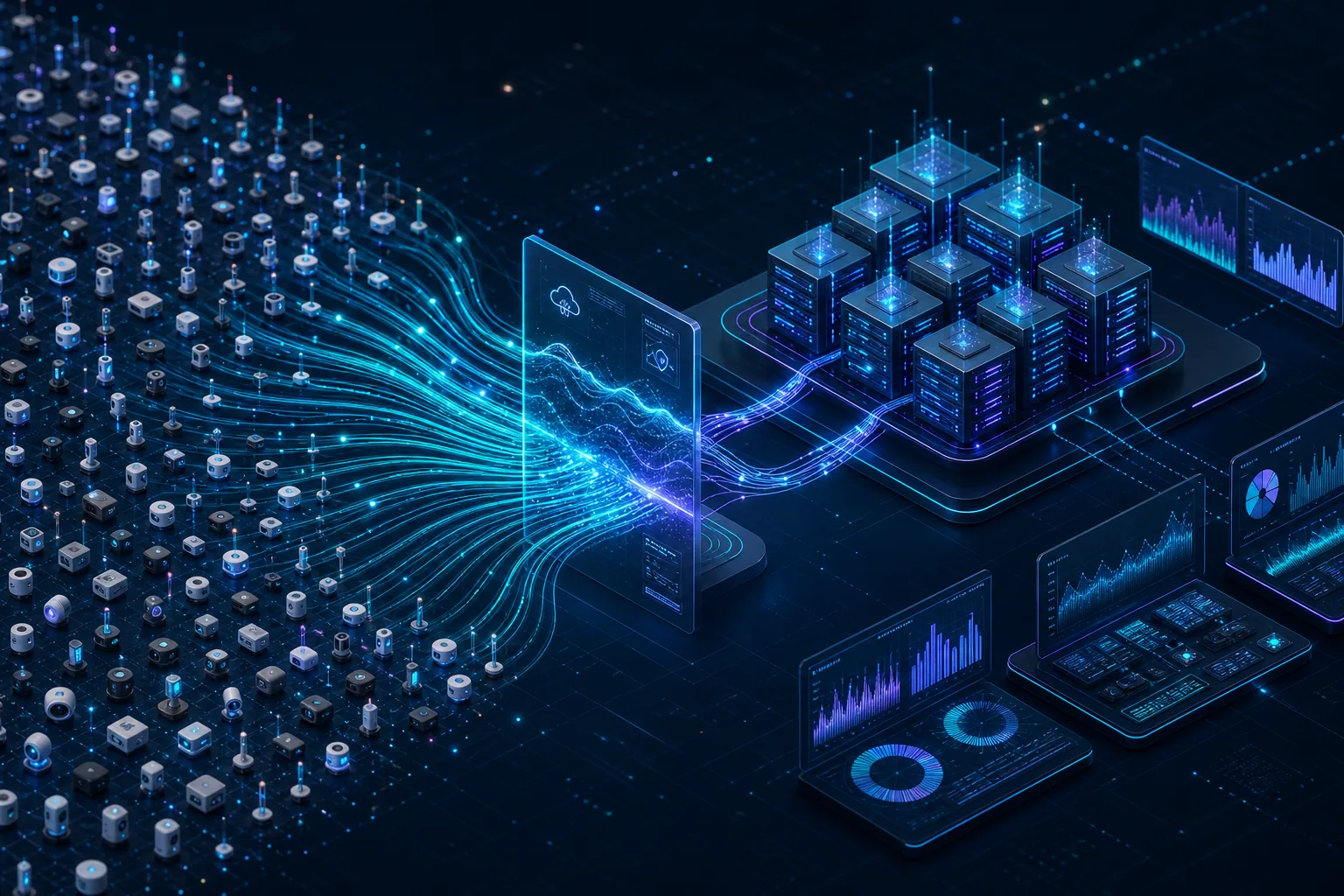 Hàng nghìn MQTT client kết nối qua lớp mô phỏng mạng tới cụm broker và hệ thống đo