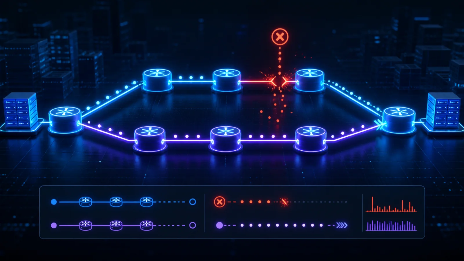 Hai SRv6 policy đưa lưu lượng qua các segment và chuyển đường khi link hoặc node lỗi