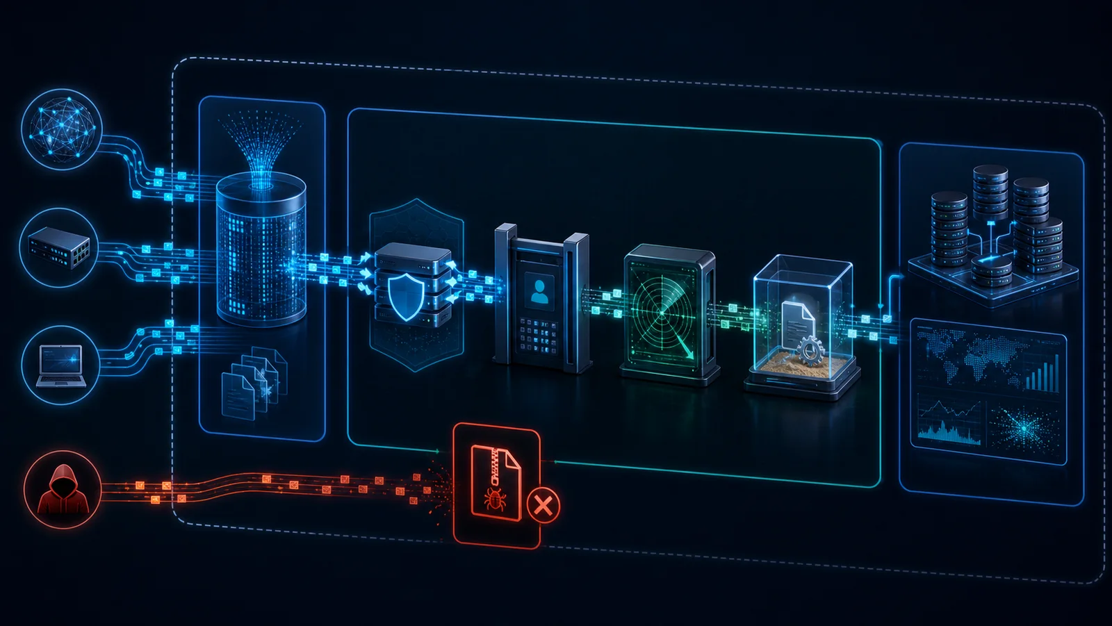Malcolm nhận PCAP và archive qua ingestion pipeline với RBAC, container, giới hạn tài nguyên và phiên bản được kiểm tra