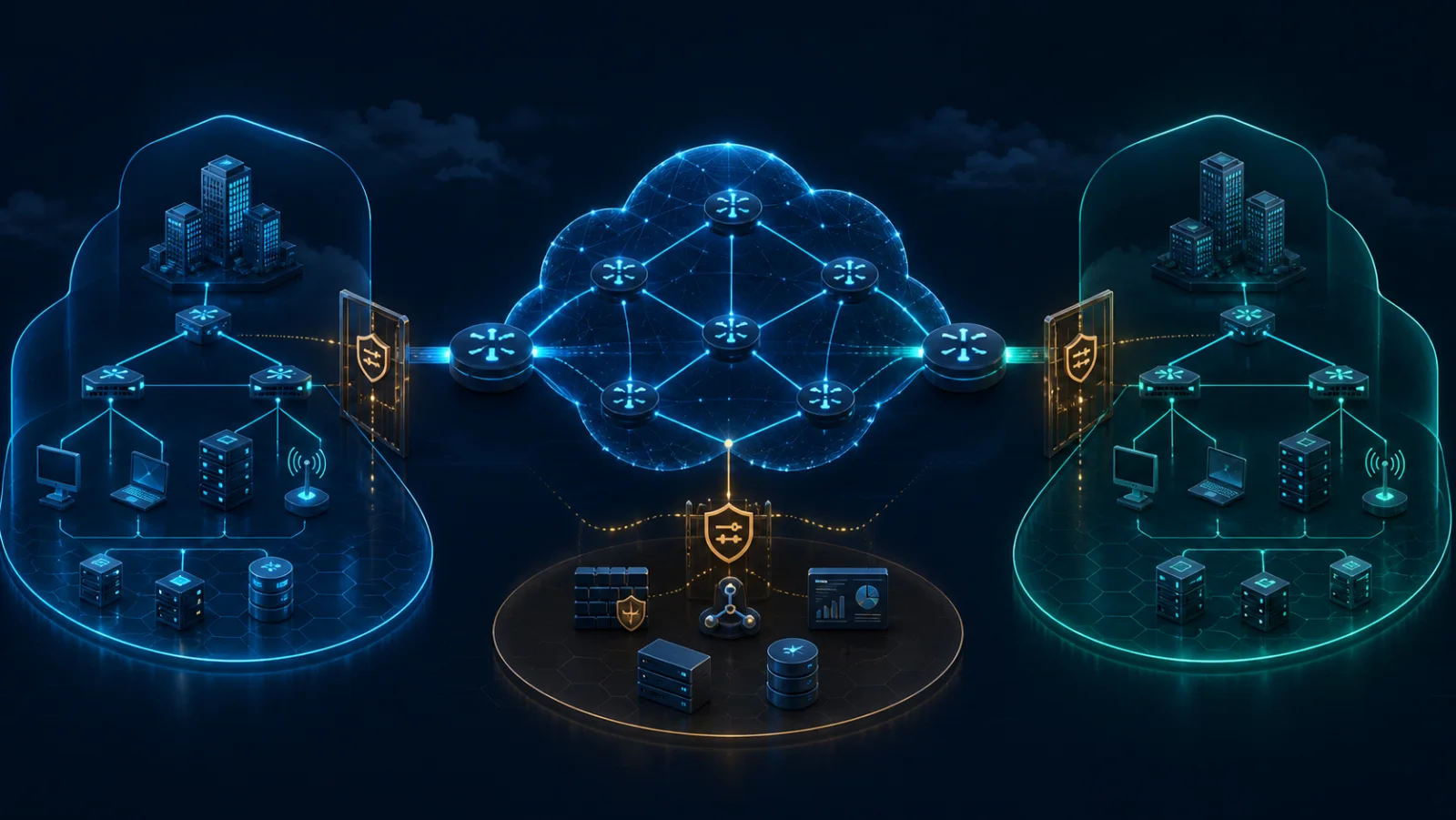 Hai tenant kết nối qua PE MPLS L3VPN với Route Target riêng và vùng shared service