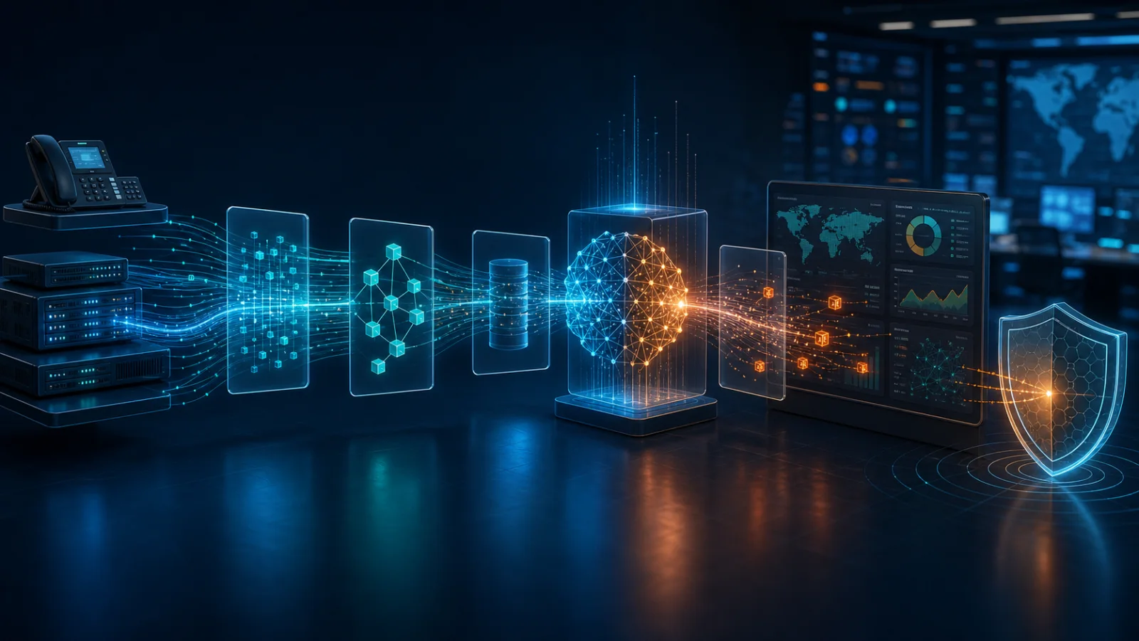 Call detail records từ CUCM SBC và cloud calling đi vào pipeline chuẩn hóa, AI scoring và Splunk