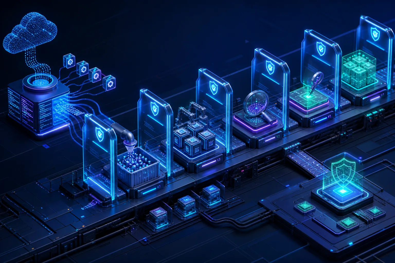Pipeline CI/CD kiểm tra dependency qua registry nội bộ, SBOM, scanner và ephemeral runner