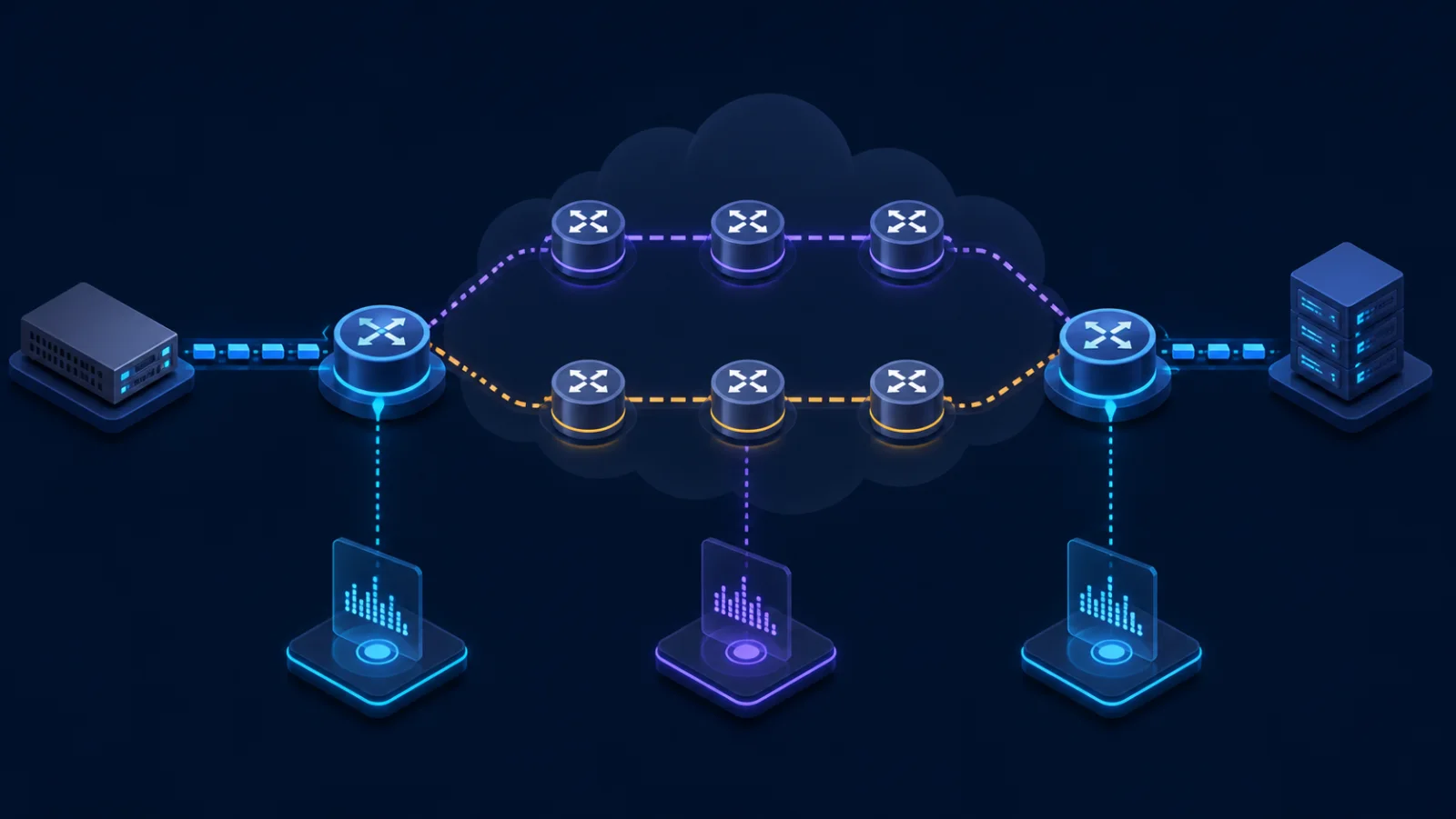 Topology kiểm thử SRv6 policy chính và dự phòng với điểm đo ingress, transit và egress