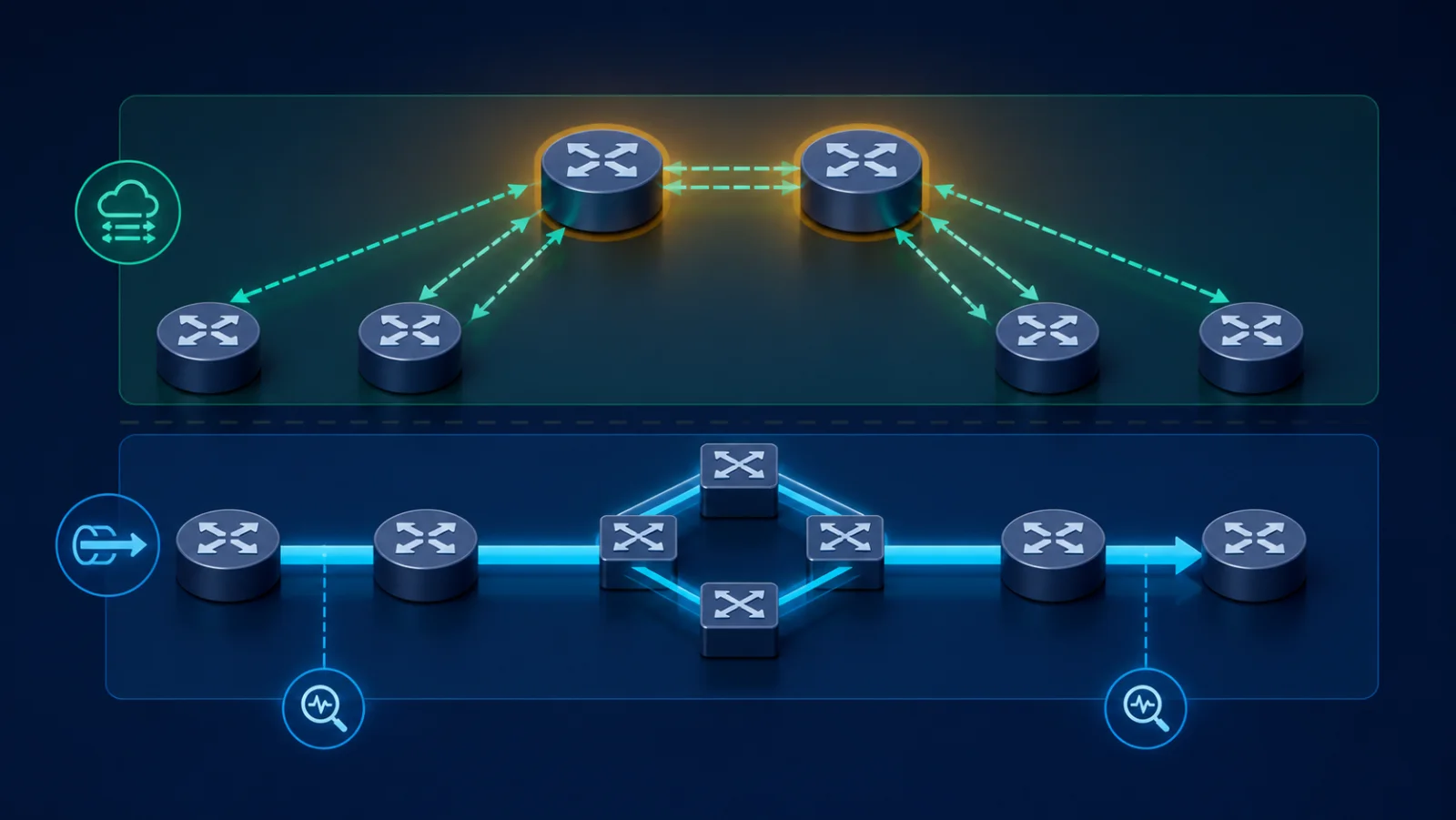 Topology kiểm thử hai route reflector và các điểm đo control/data plane